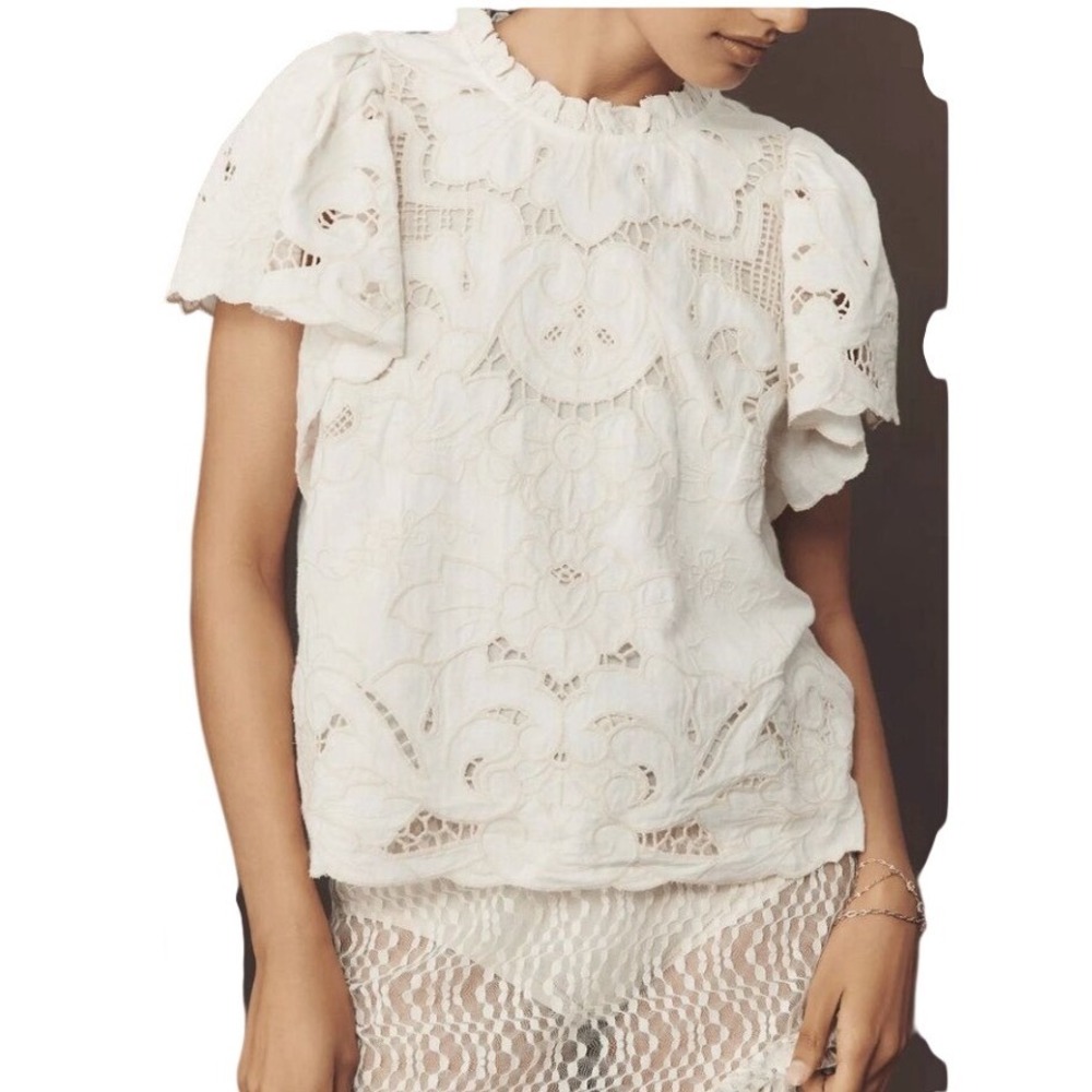 Anthropologie Lainie Blouse White Lace Cutwork Flutter‎ Sleeve Linen Top XL NWT - Picture 8 of 16